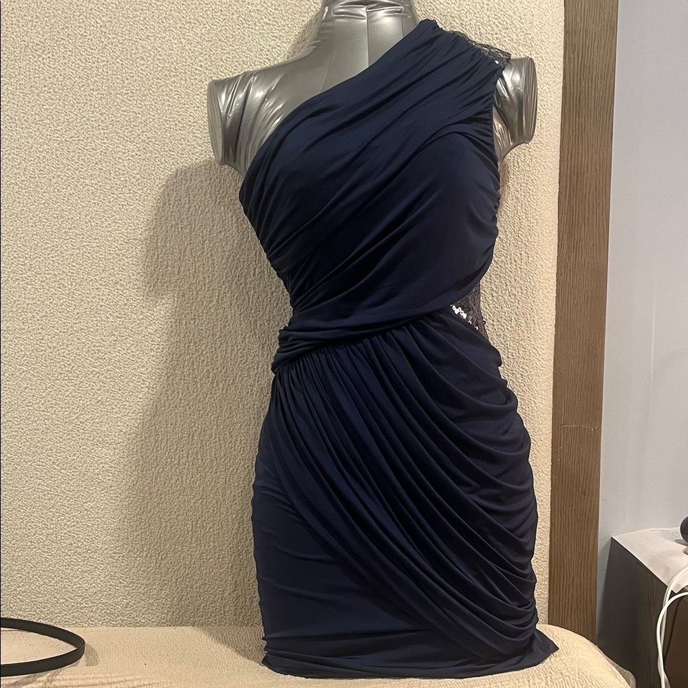 One-Shoulder Navy Ruched with sequins Cocktail Dress XS